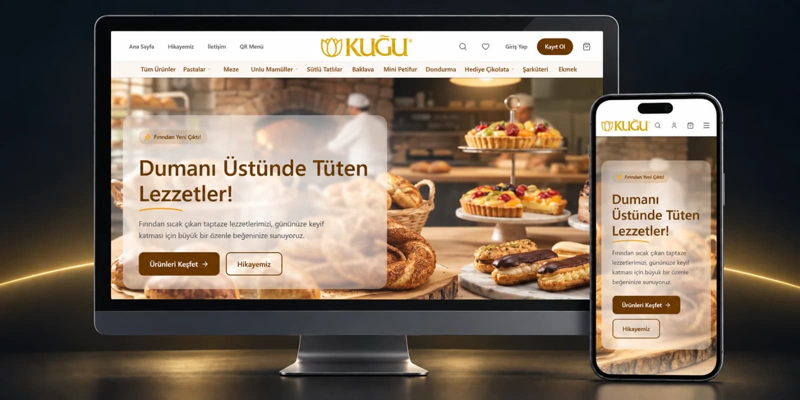 Kuğu Pastaneleri e-ticaret sitesi, masaüstü ve mobil görünüm